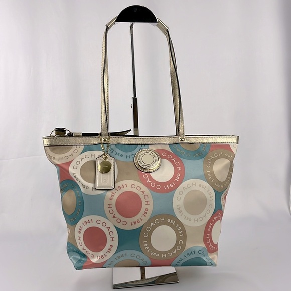 Coach Soho Sateen Multi-Color Circles Snaphead Tote w/Gold Trim No A1281-F19196 - Picture 1 of 16